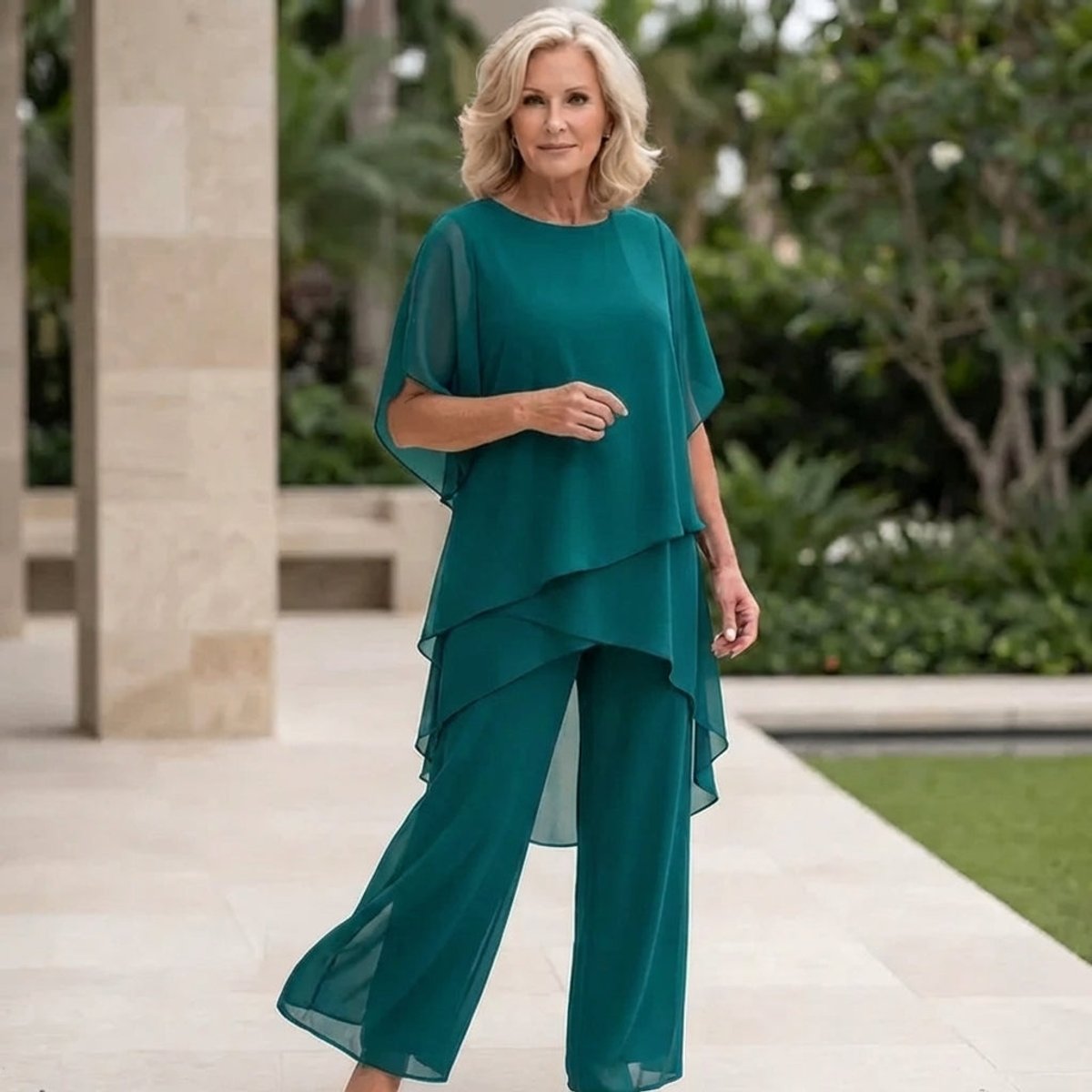 Roos | Dames Elegante Chiffon Gelaagde Broekpak Set