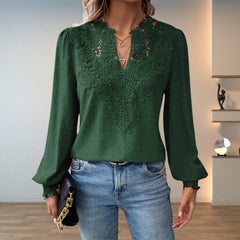 Roos | Dames Elegante Kanten V-hals Blouse Lange Mouwen