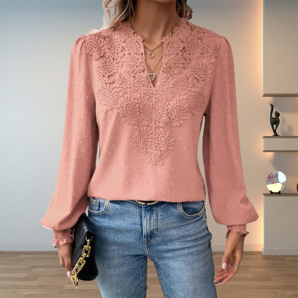 Roos | Dames Elegante Kanten V-hals Blouse Lange Mouwen