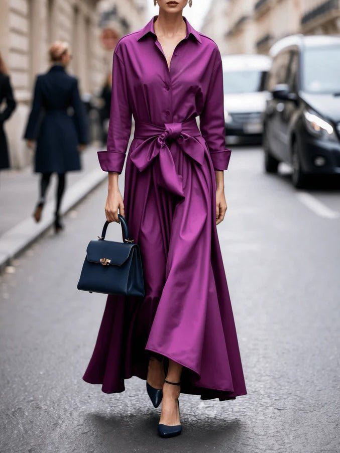 Sanne | Dames Elegante Lange Mouw Maxi Blousejurk met Strikceintuur