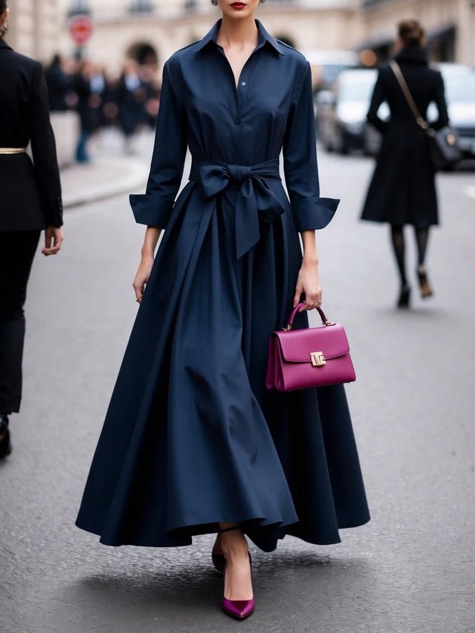 Sanne | Dames Elegante Lange Mouw Maxi Blousejurk met Strikceintuur