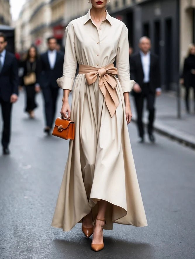 Sanne | Dames Elegante Lange Mouw Maxi Blousejurk met Strikceintuur