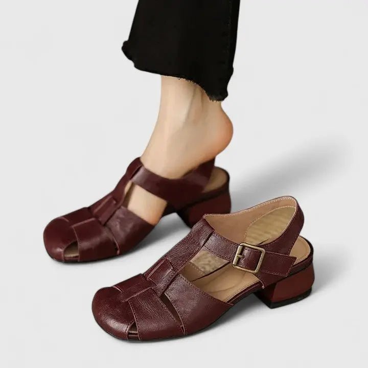 Sara | Dames Elegante Leren Blokhak Sandalen Vierkante Neus