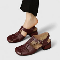 Sara | Dames Elegante Leren Blokhak Sandalen Vierkante Neus
