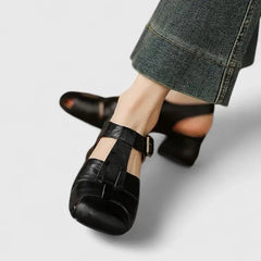 Sara | Dames Elegante Leren Blokhak Sandalen Vierkante Neus