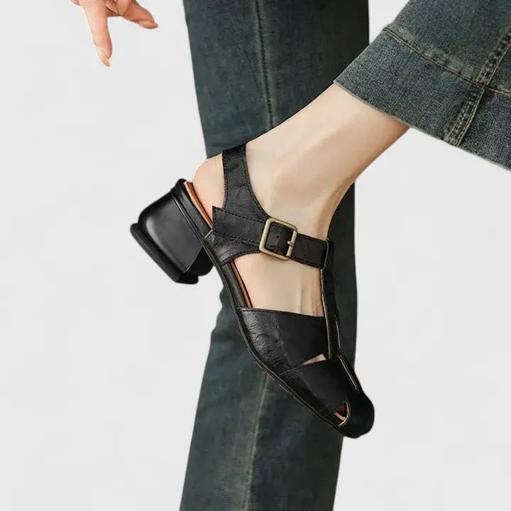 Sara | Dames Elegante Leren Blokhak Sandalen Vierkante Neus