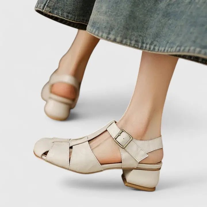 Sara | Dames Elegante Leren Blokhak Sandalen Vierkante Neus