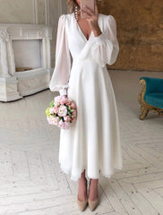 Sara | Dames Elegante Long Sleeve Dress Pofmouwen Midi Bruiloft