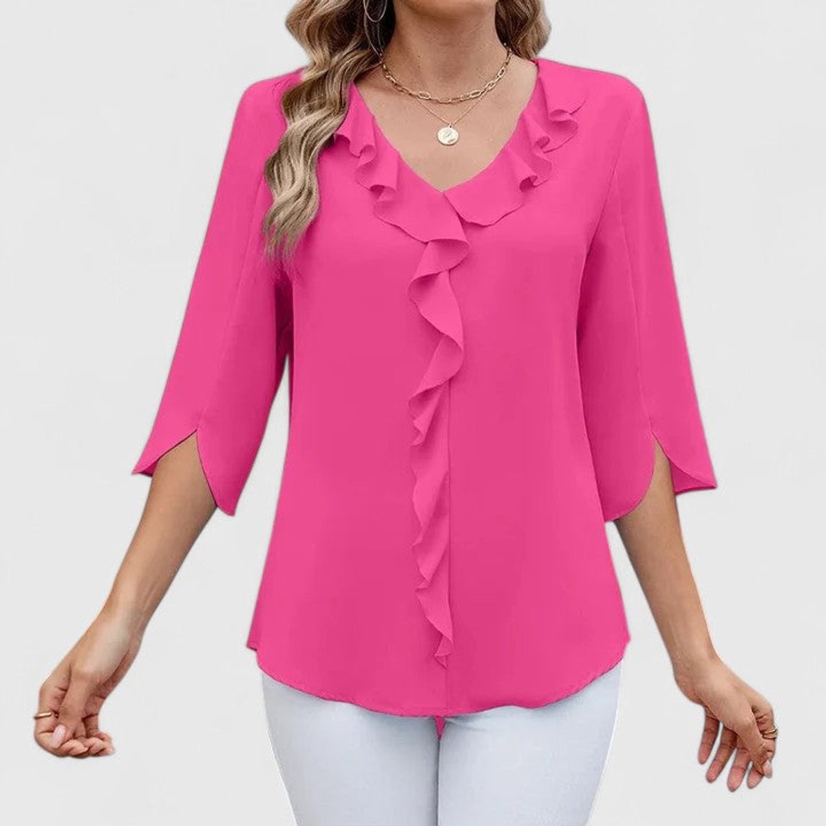Anna | Dames Elegante Ruches V-hals Blouse met Driekwart Mouw