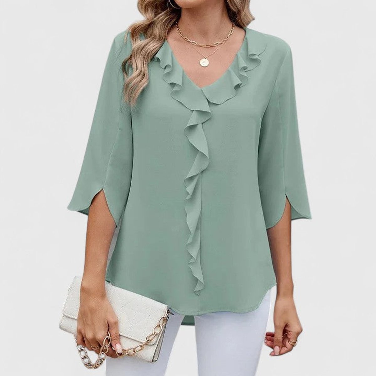 Anna | Dames Elegante Ruches V-hals Blouse met Driekwart Mouw