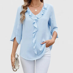 Anna | Dames Elegante Ruches V-hals Blouse met Driekwart Mouw