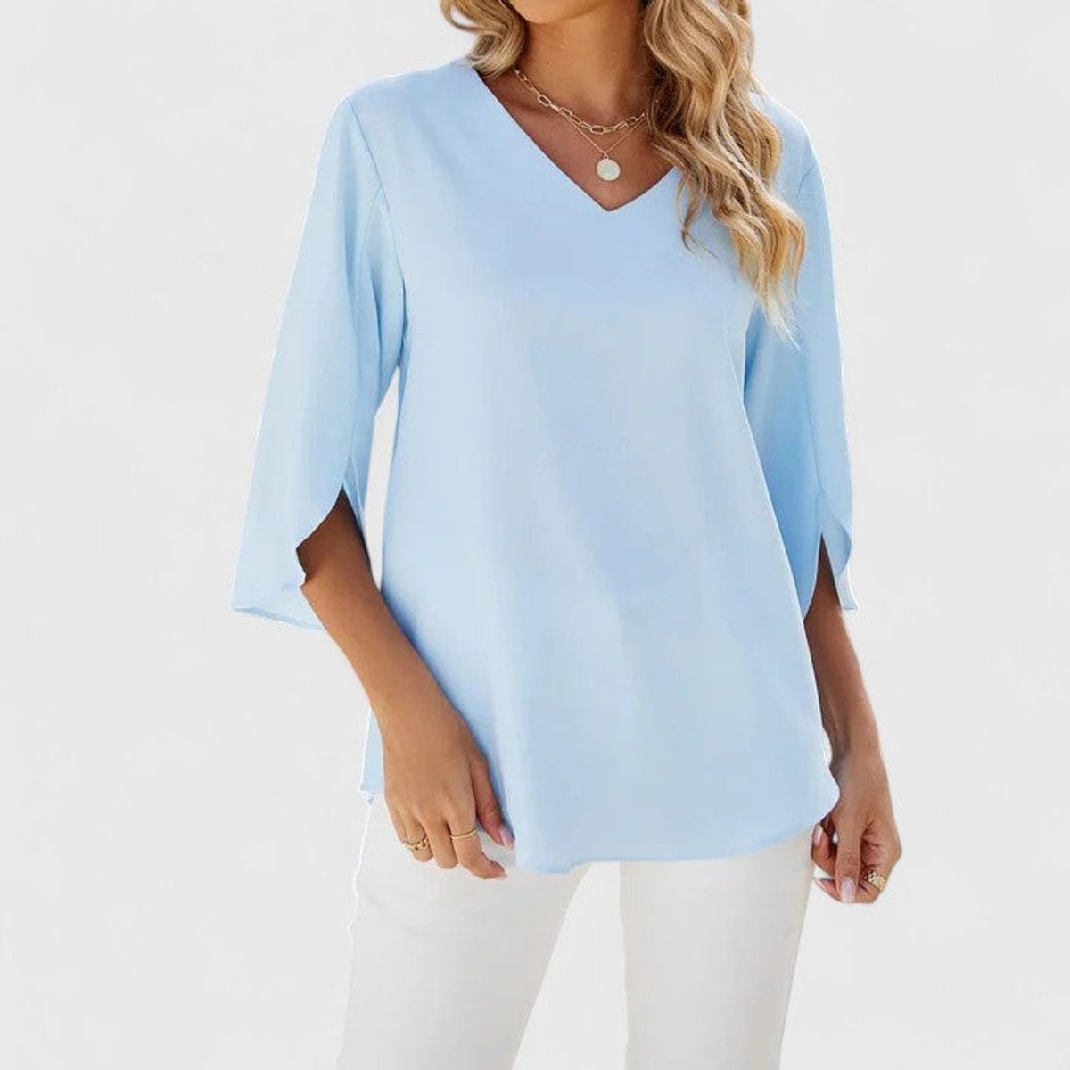 Anna | Dames Elegante Ruches V-hals Blouse met Driekwart Mouw