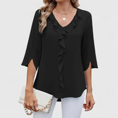 Anna | Dames Elegante Ruches V-hals Blouse met Driekwart Mouw
