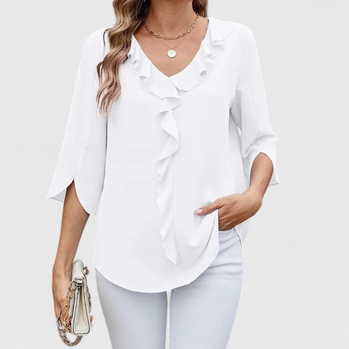 Anna | Dames Elegante Ruches V-hals Blouse met Driekwart Mouw