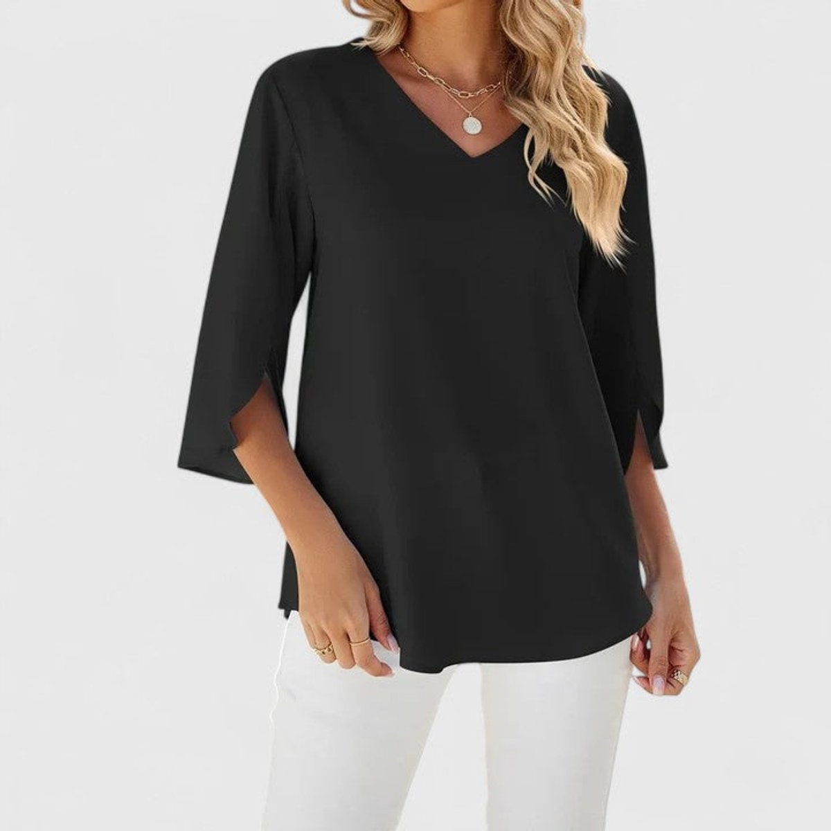 Anna | Dames Elegante Ruches V-hals Blouse met Driekwart Mouw
