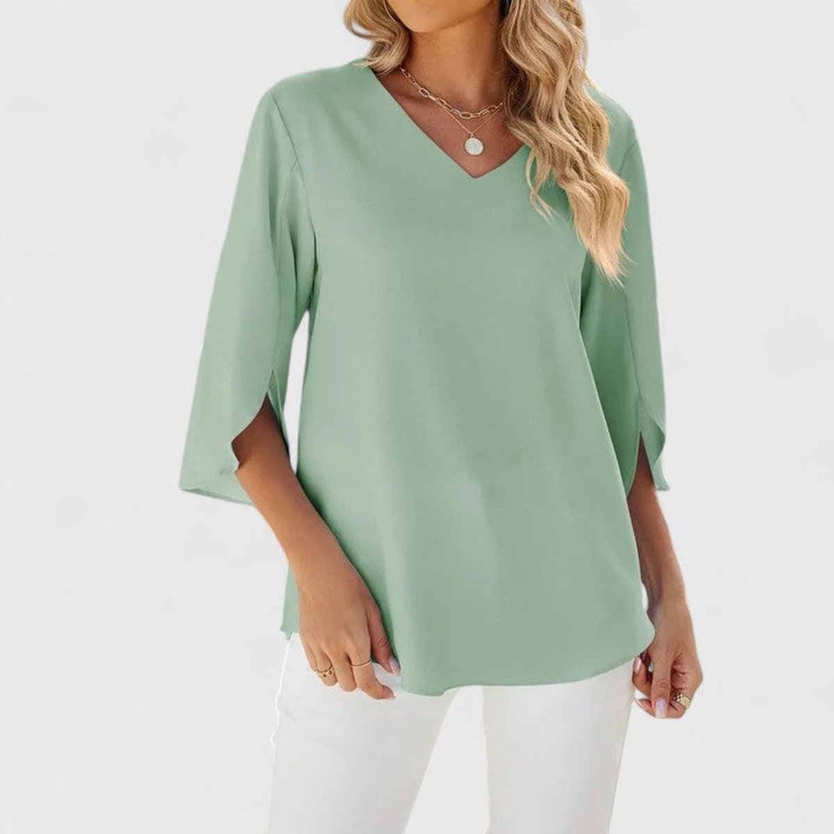 Anna | Dames Elegante Ruches V-hals Blouse met Driekwart Mouw