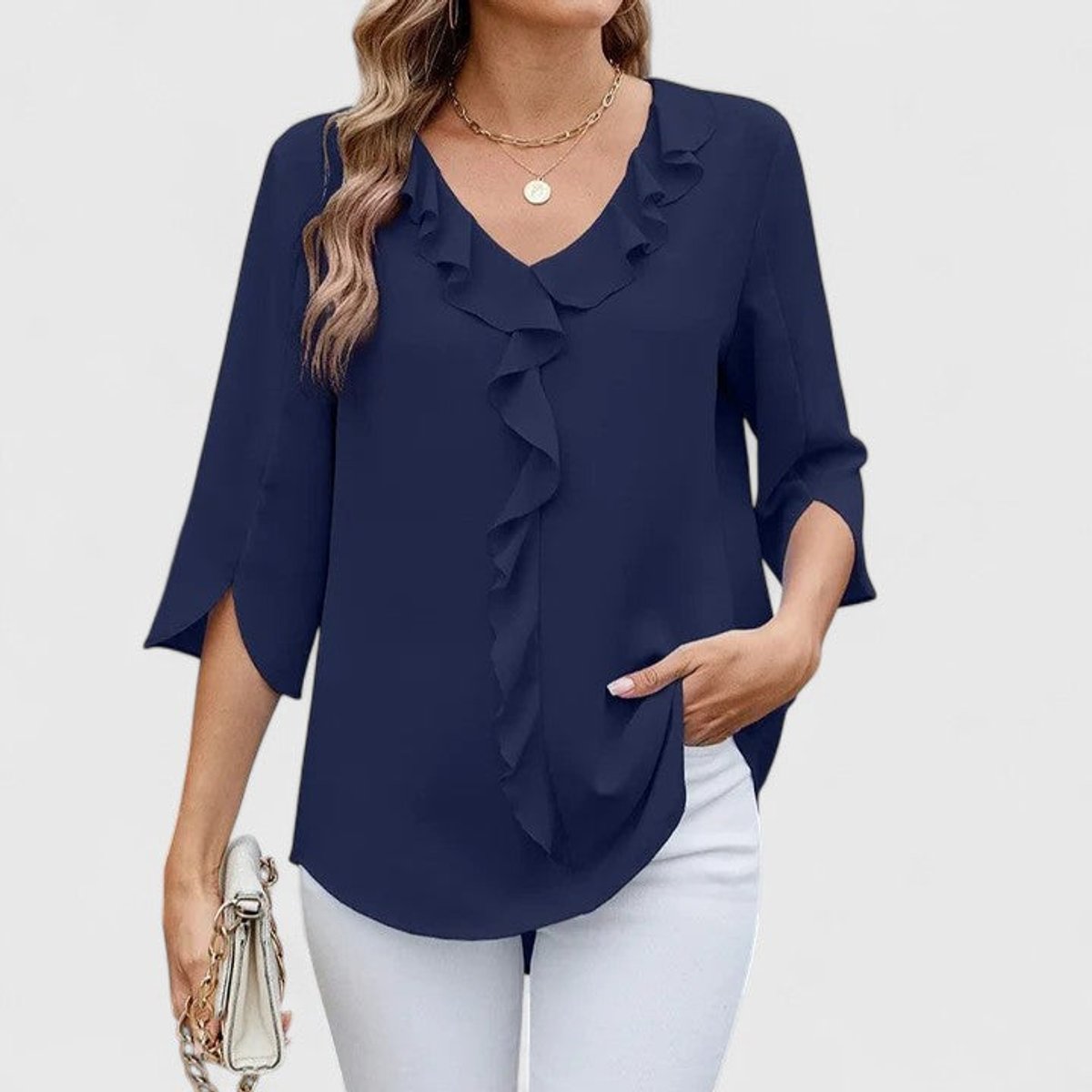 Anna | Dames Elegante Ruches V-hals Blouse met Driekwart Mouw