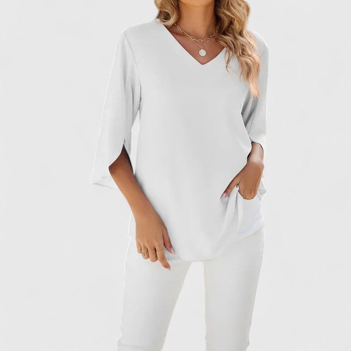 Anna | Dames Elegante Ruches V-hals Blouse met Driekwart Mouw