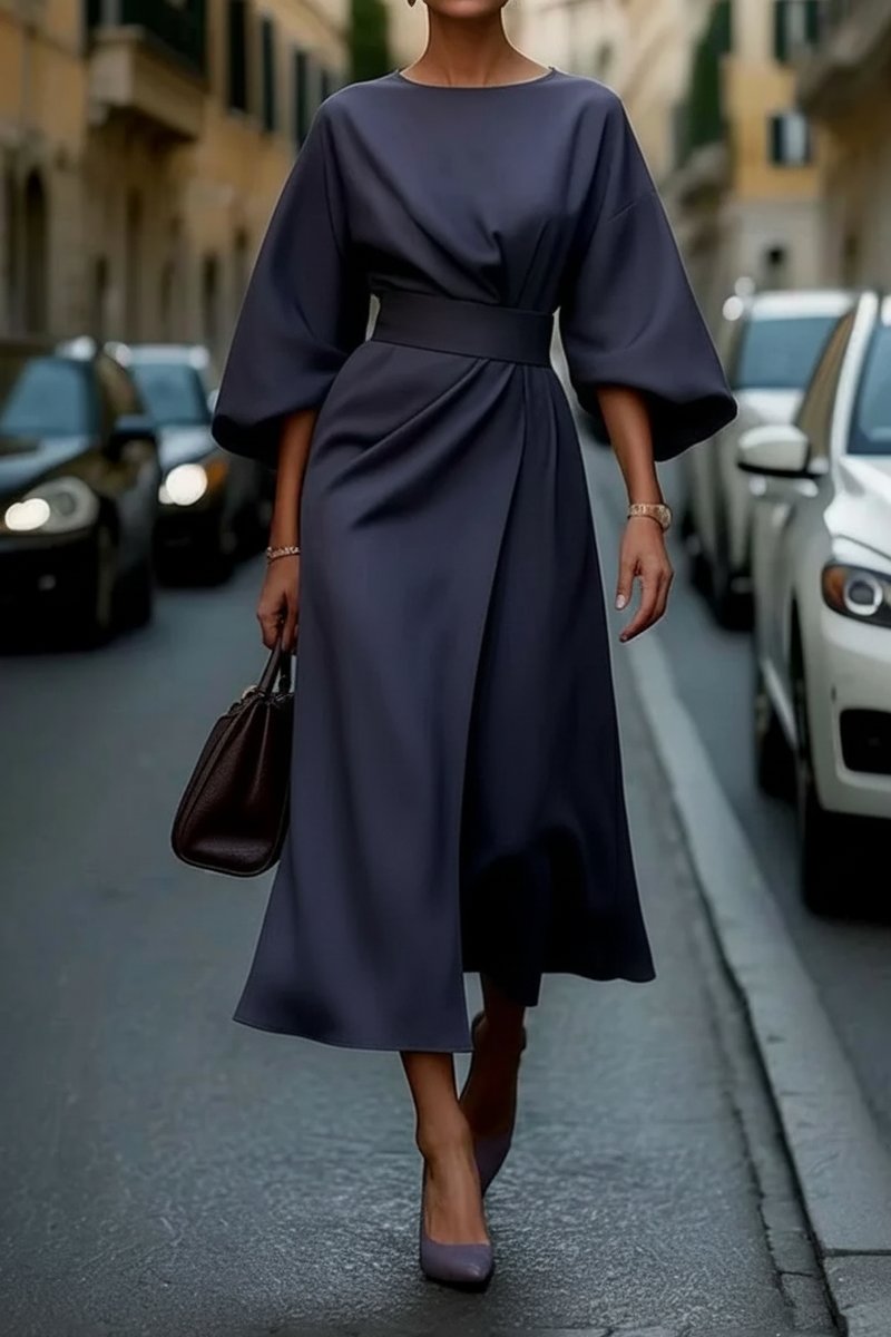 Julia | Dames Elegante Wijde-Mouw Midi Cocktailjurk met Tailleband