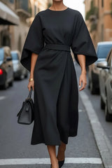 Julia | Dames Elegante Wijde-Mouw Midi Cocktailjurk met Tailleband