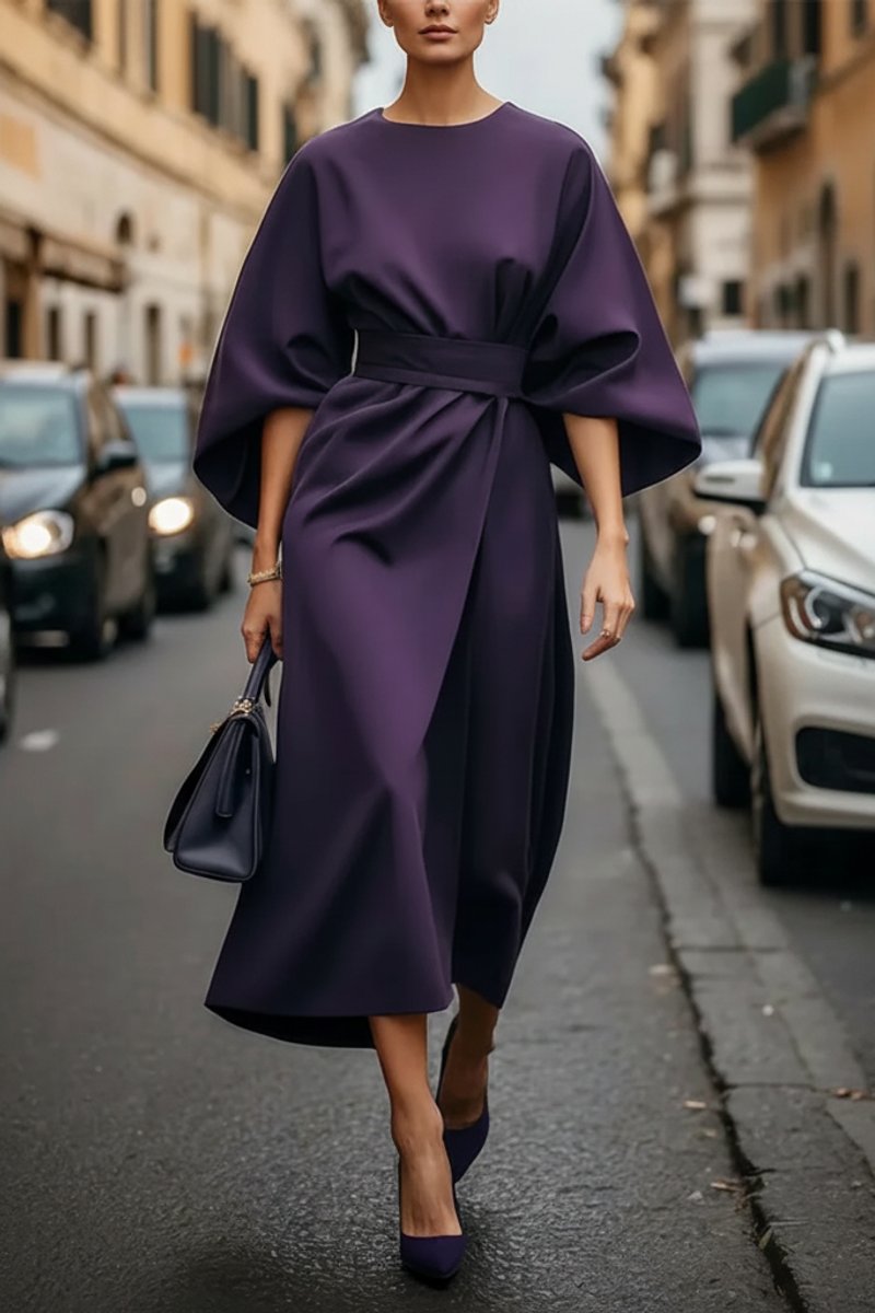 Julia | Dames Elegante Wijde-Mouw Midi Cocktailjurk met Tailleband