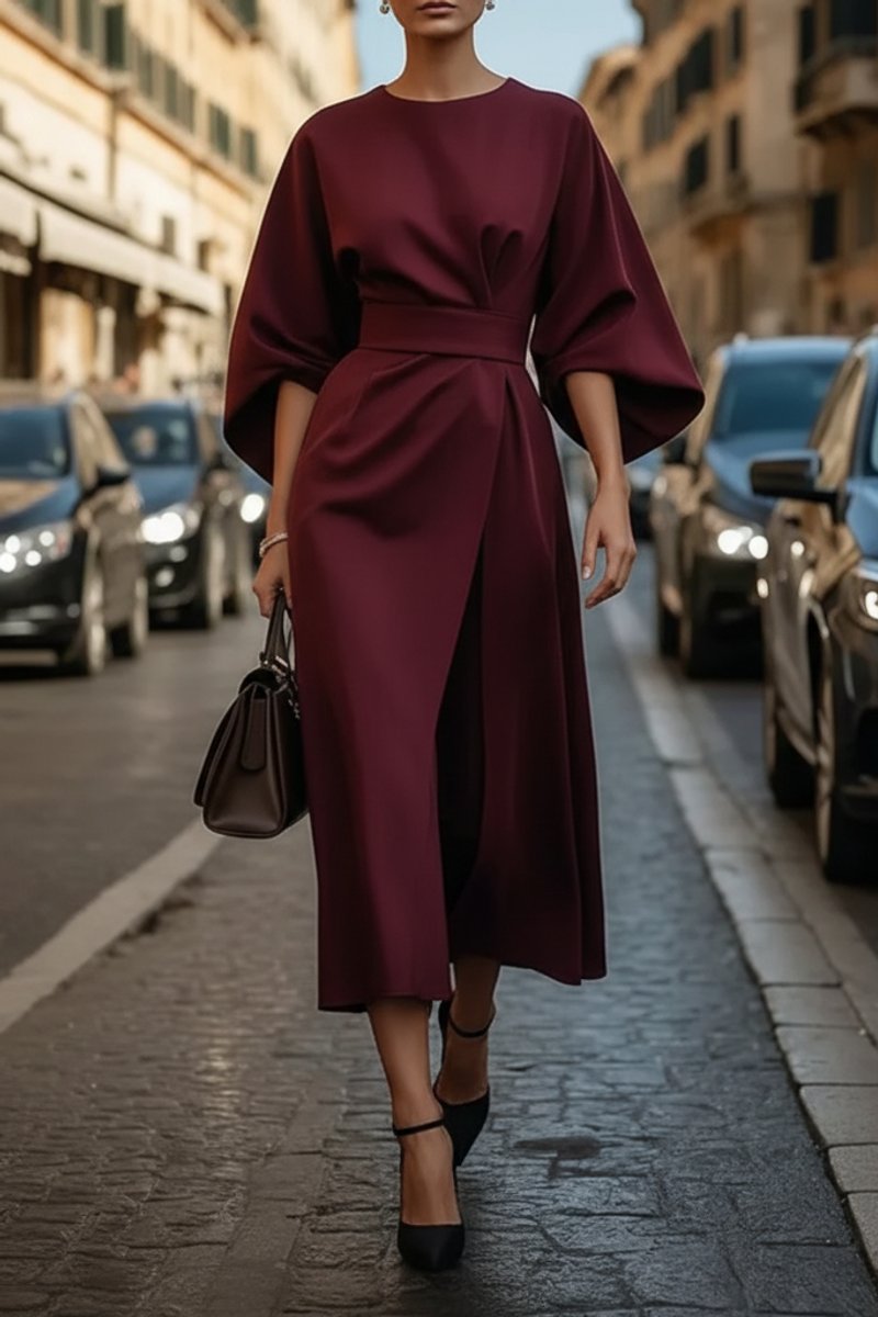 Julia | Dames Elegante Wijde-Mouw Midi Cocktailjurk met Tailleband