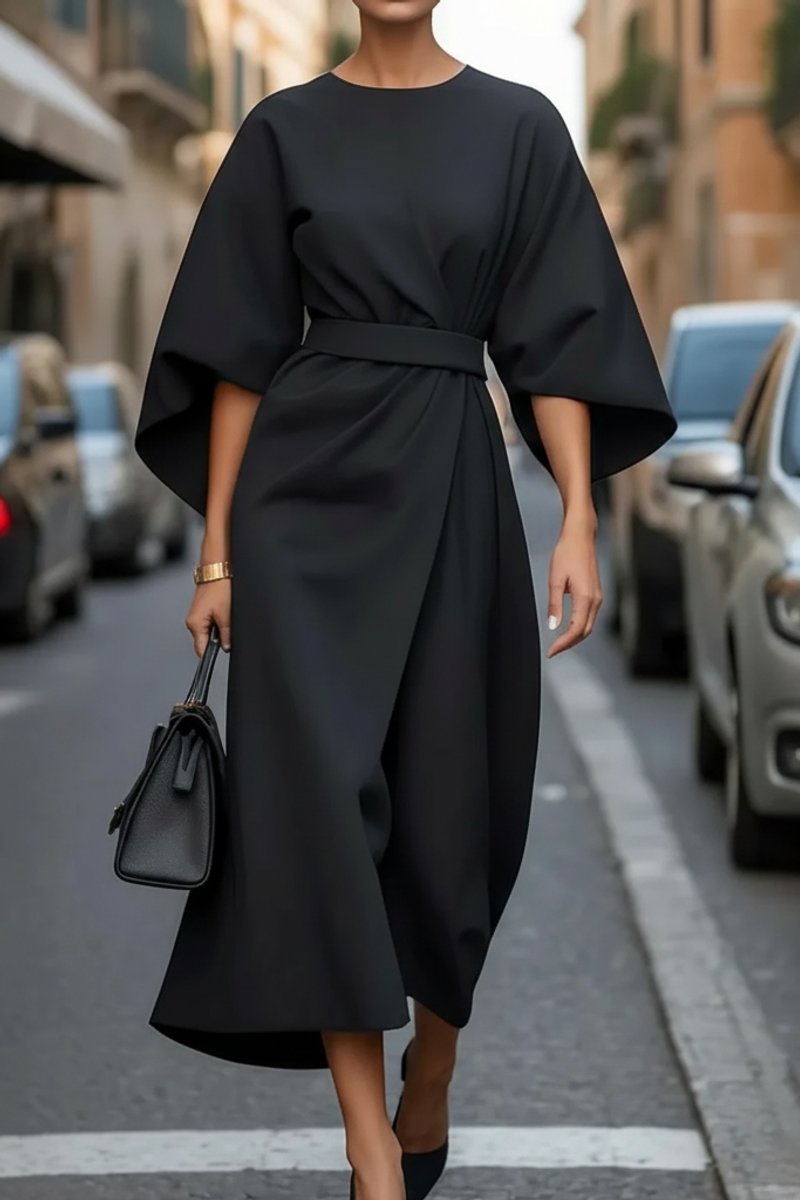 Julia | Dames Elegante Wijde-Mouw Midi Cocktailjurk met Tailleband