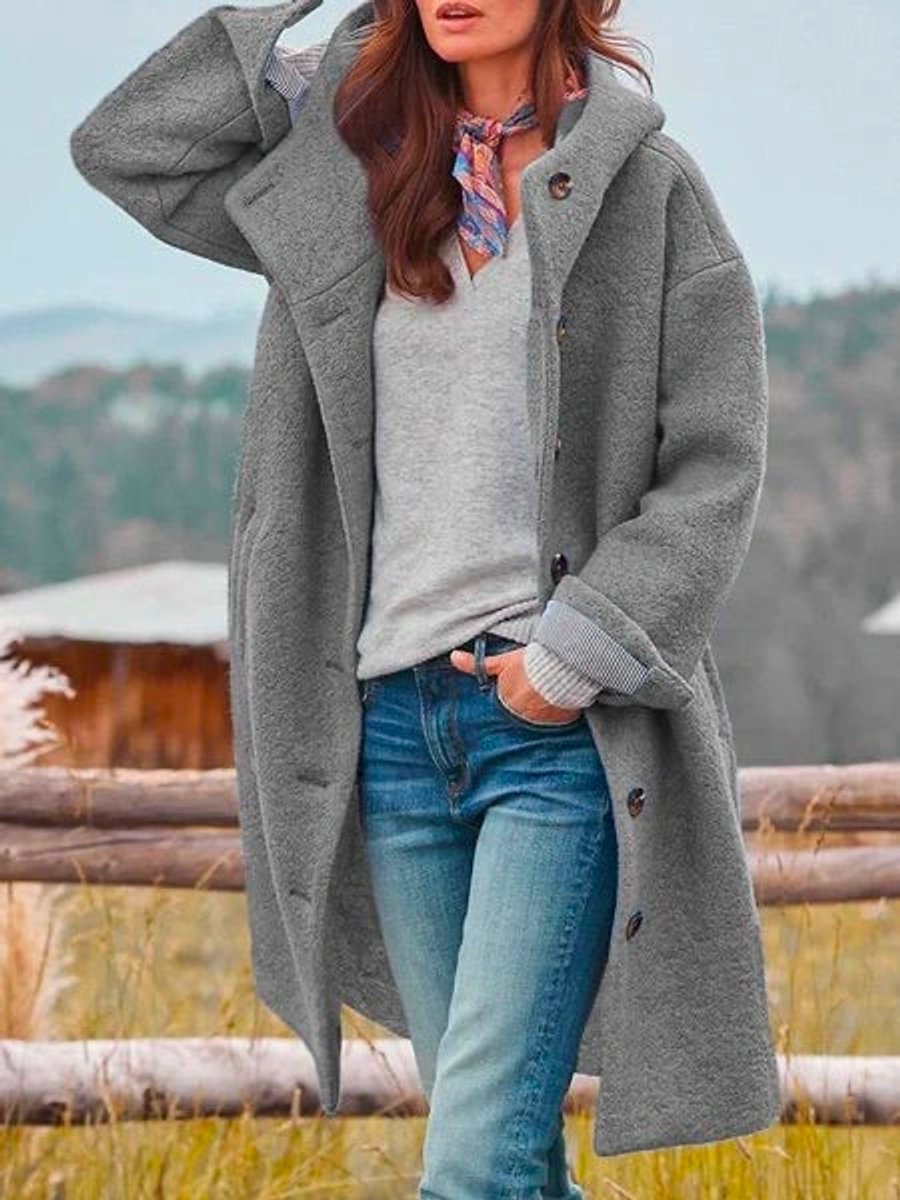 Julia | Dames Fleece Mantel Met Capuchon Lange Knopen Women Coat
