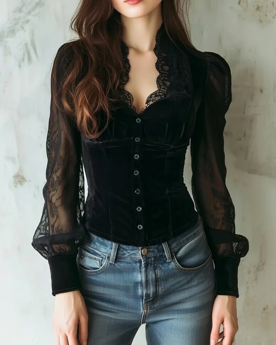 Nora | Dames Fluwelen Kanten Blouse met Doorzichtige Mouwen Knoopsluiting