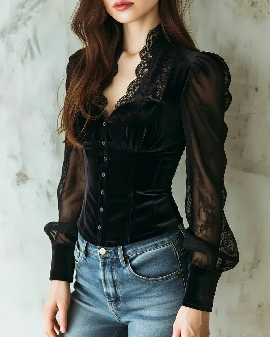 Nora | Dames Fluwelen Kanten Blouse met Doorzichtige Mouwen Knoopsluiting