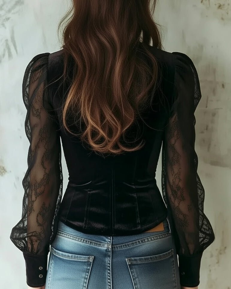 Nora | Dames Fluwelen Kanten Blouse met Doorzichtige Mouwen Knoopsluiting