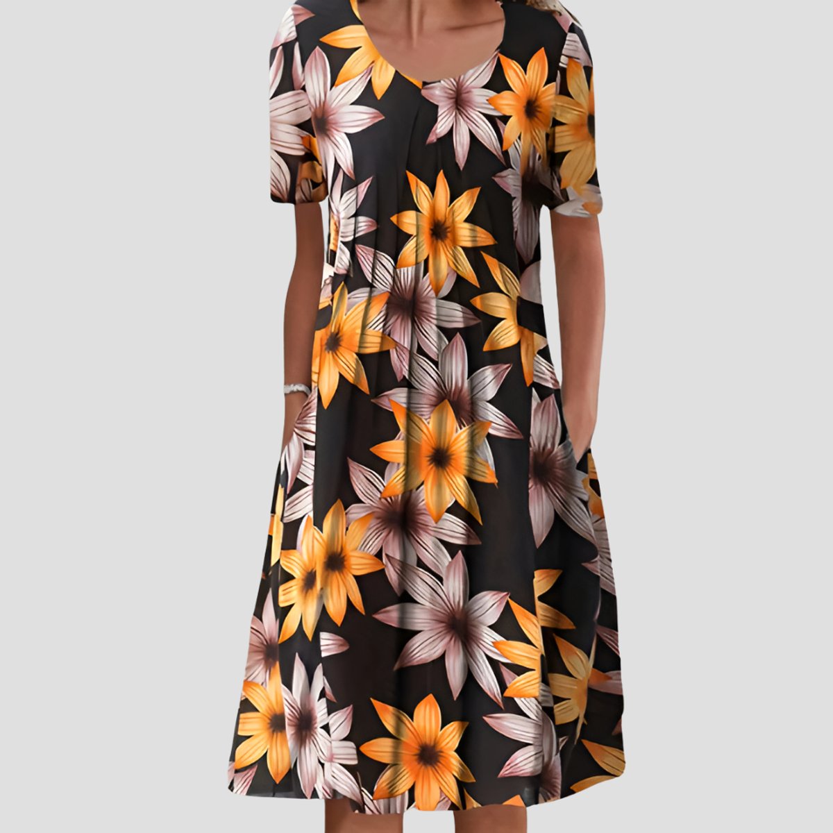 Fleur | Dames Gebloemde Geplooide A-lijn Midi-jurk met Zakken
