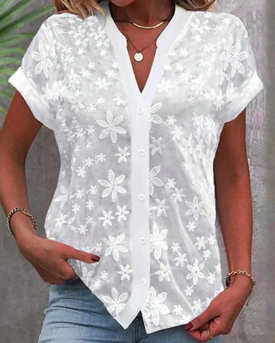 Roos | Dames Gebloemde Kanten V-hals Blouse Korte Mouw