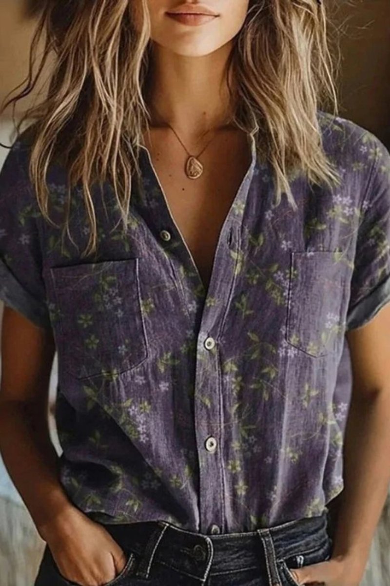 Femke | Dames Gebloemde Katoenen Korte Mouw Blouse met Knoopsluiting