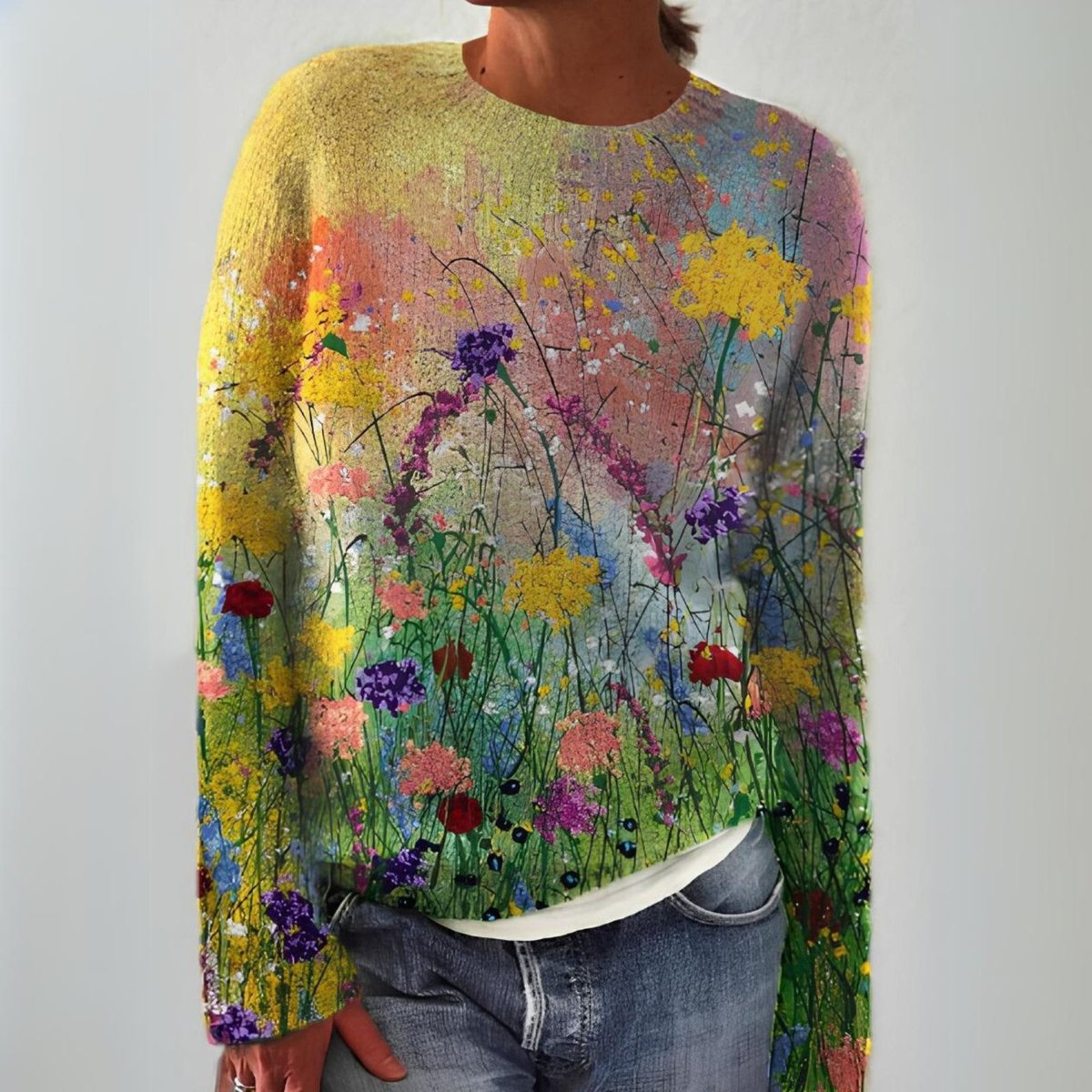 Nora | Dames Gebloemde Knit Sweater Ronde Hals Lange Mouwen