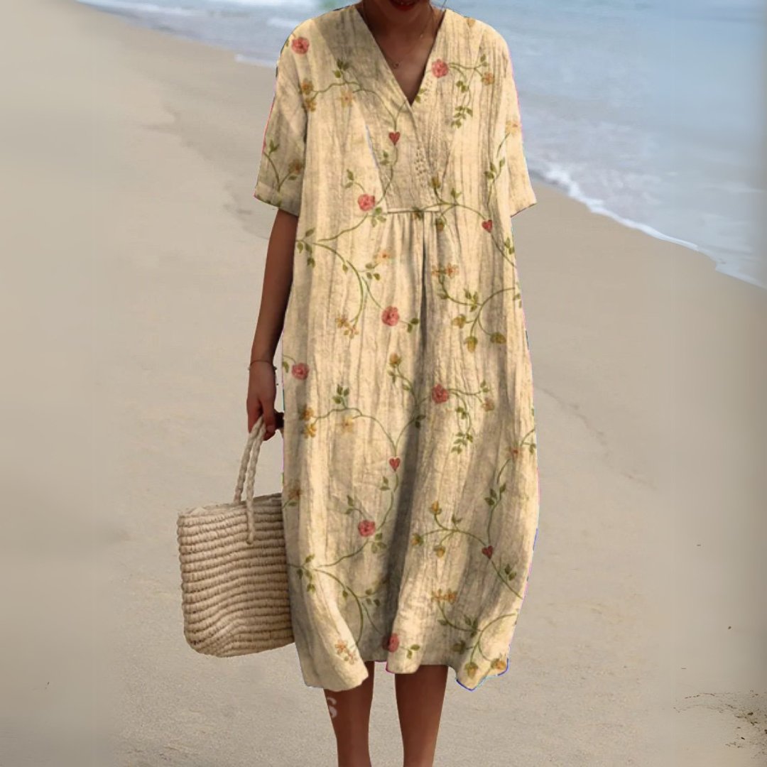 Olivia | Dames Gebloemde Korte Mouw V-hals Midi Jurk