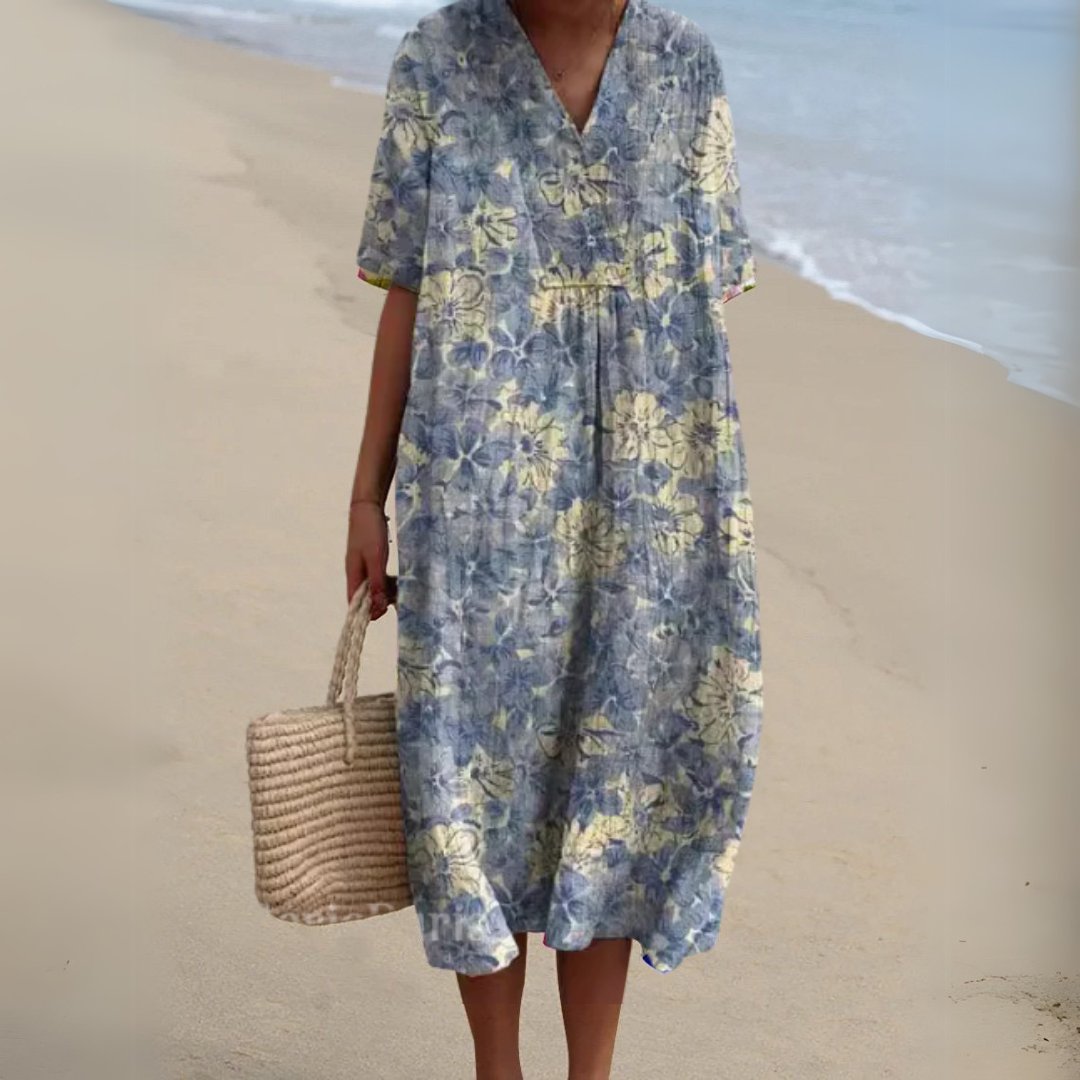 Olivia | Dames Gebloemde Korte Mouw V-hals Midi Jurk