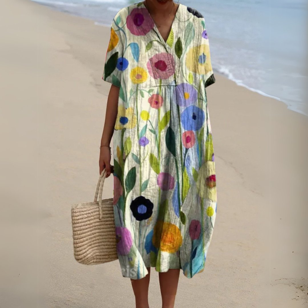 Olivia | Dames Gebloemde Korte Mouw V-hals Midi Jurk