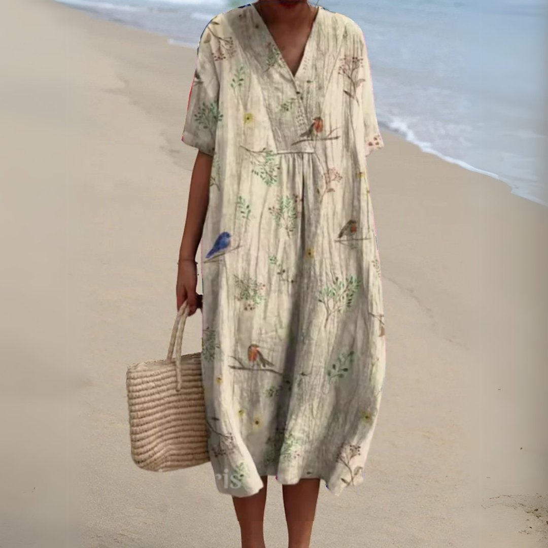 Olivia | Dames Gebloemde Korte Mouw V-hals Midi Jurk