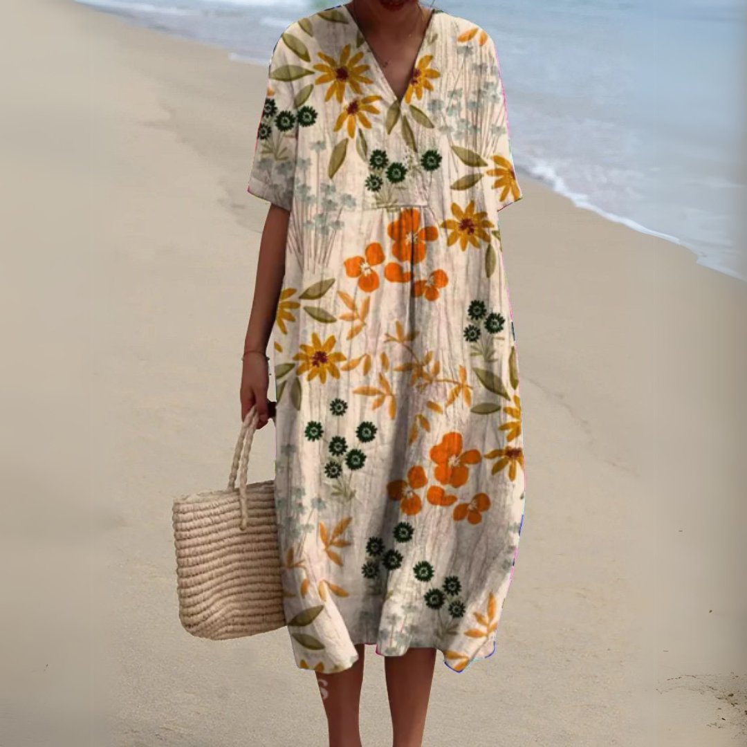 Olivia | Dames Gebloemde Korte Mouw V-hals Midi Jurk