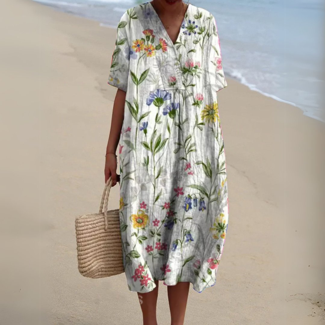 Olivia | Dames Gebloemde Korte Mouw V-hals Midi Jurk