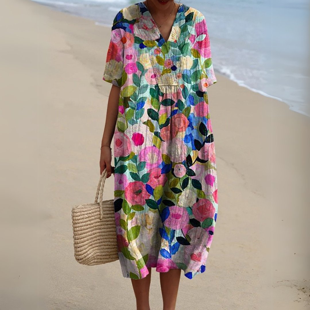 Olivia | Dames Gebloemde Korte Mouw V-hals Midi Jurk