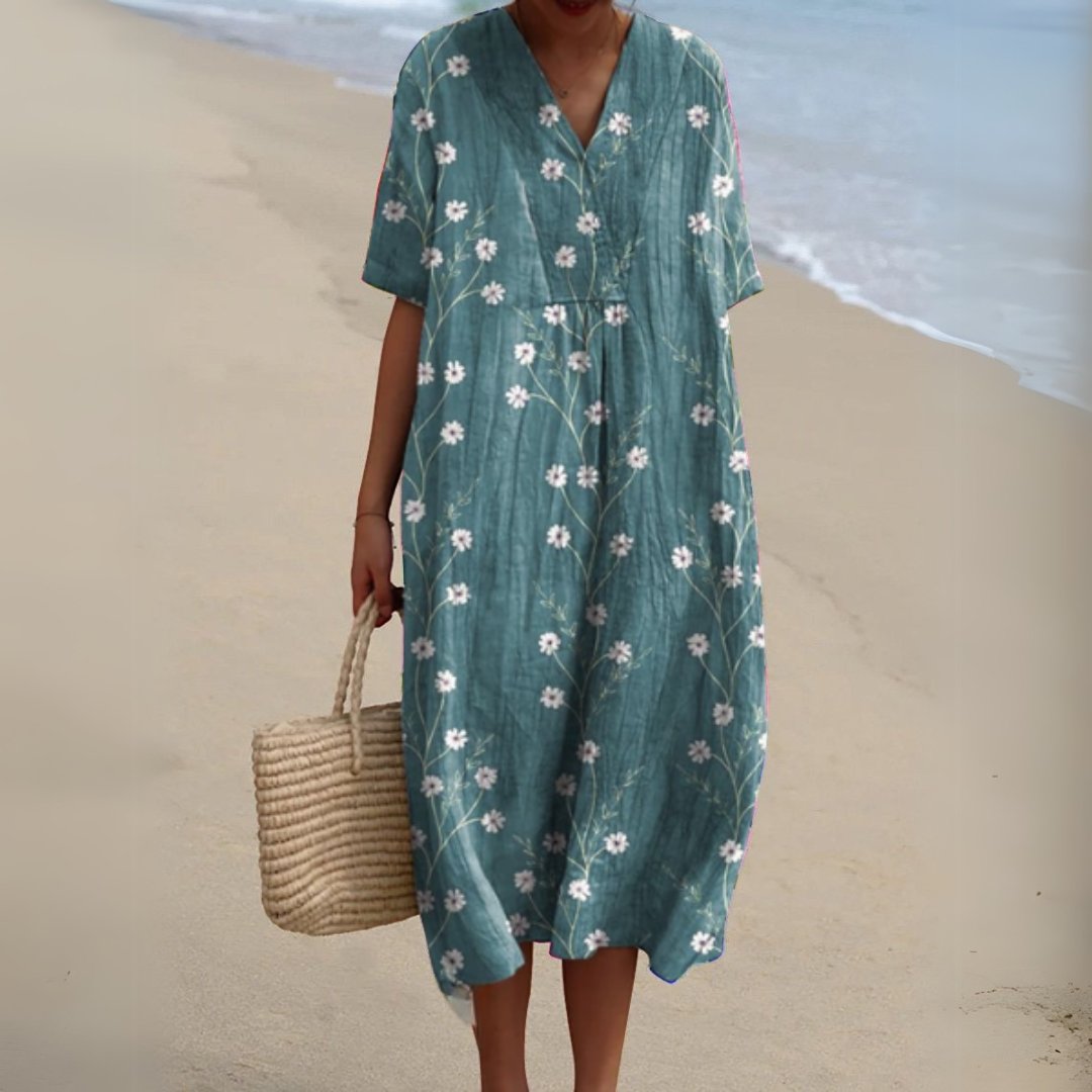 Olivia | Dames Gebloemde Korte Mouw V-hals Midi Jurk