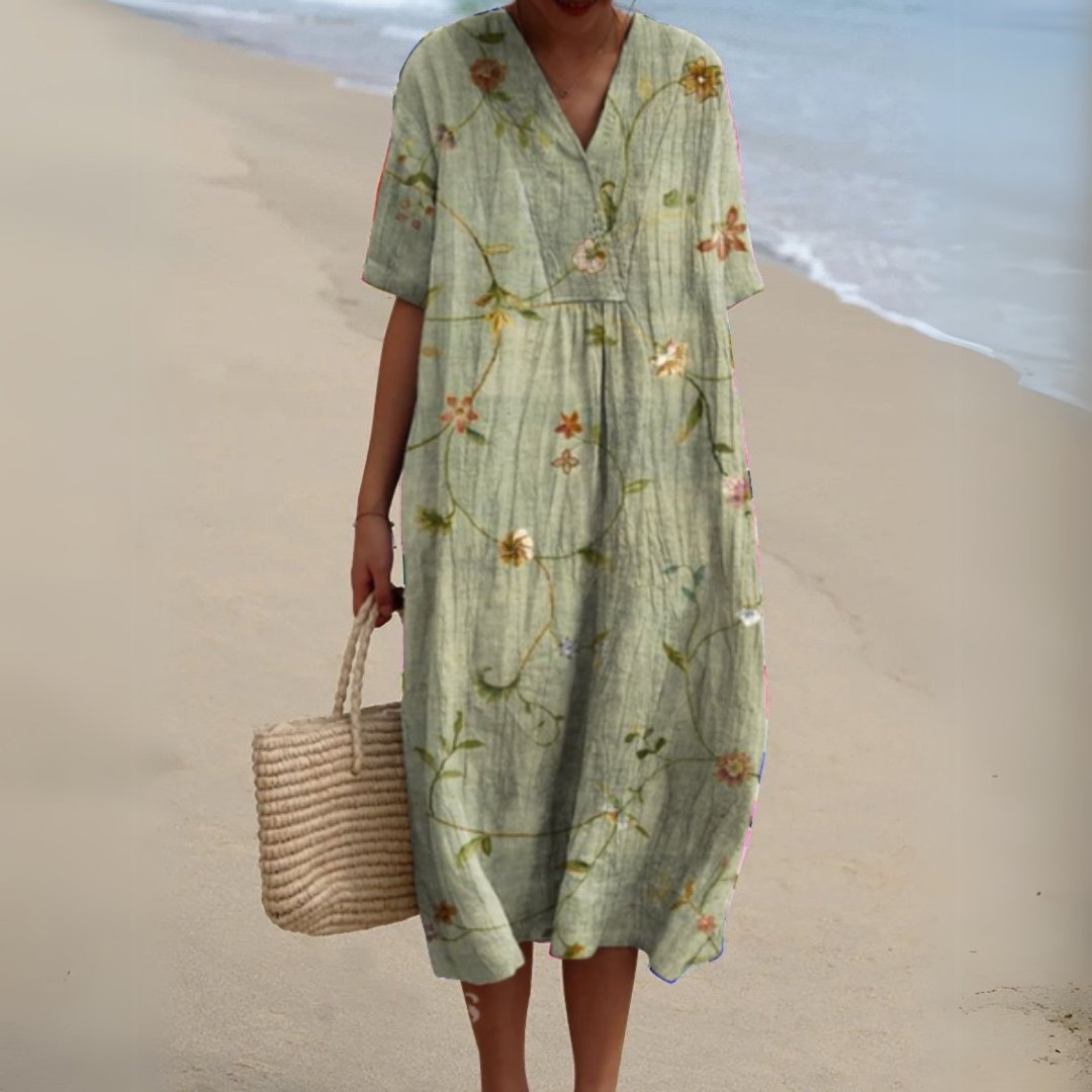 Olivia | Dames Gebloemde Korte Mouw V-hals Midi Jurk