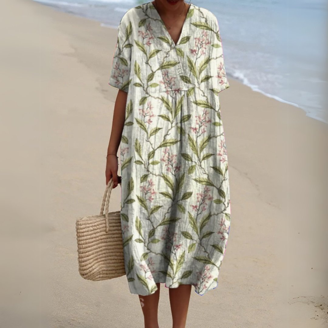 Olivia | Dames Gebloemde Korte Mouw V-hals Midi Jurk