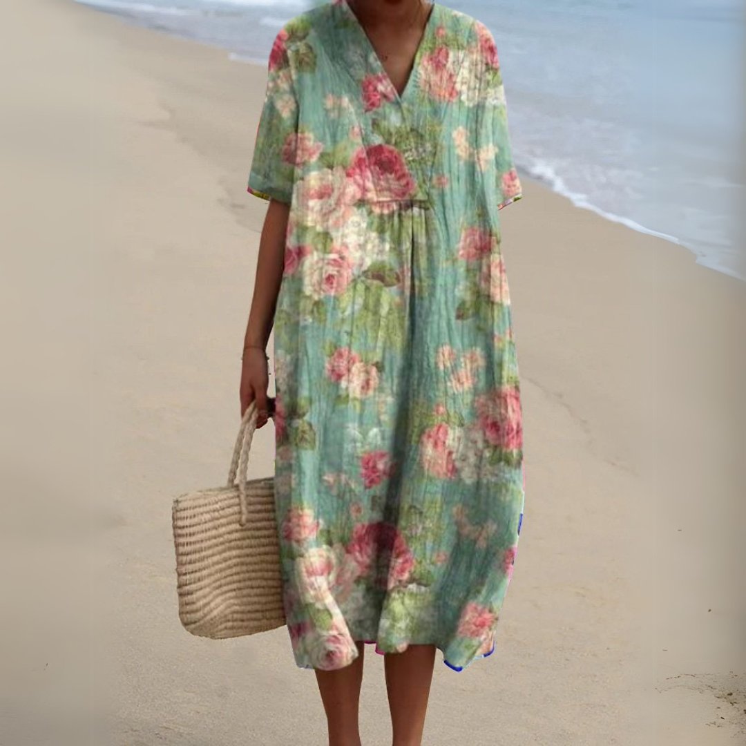 Olivia | Dames Gebloemde Korte Mouw V-hals Midi Jurk