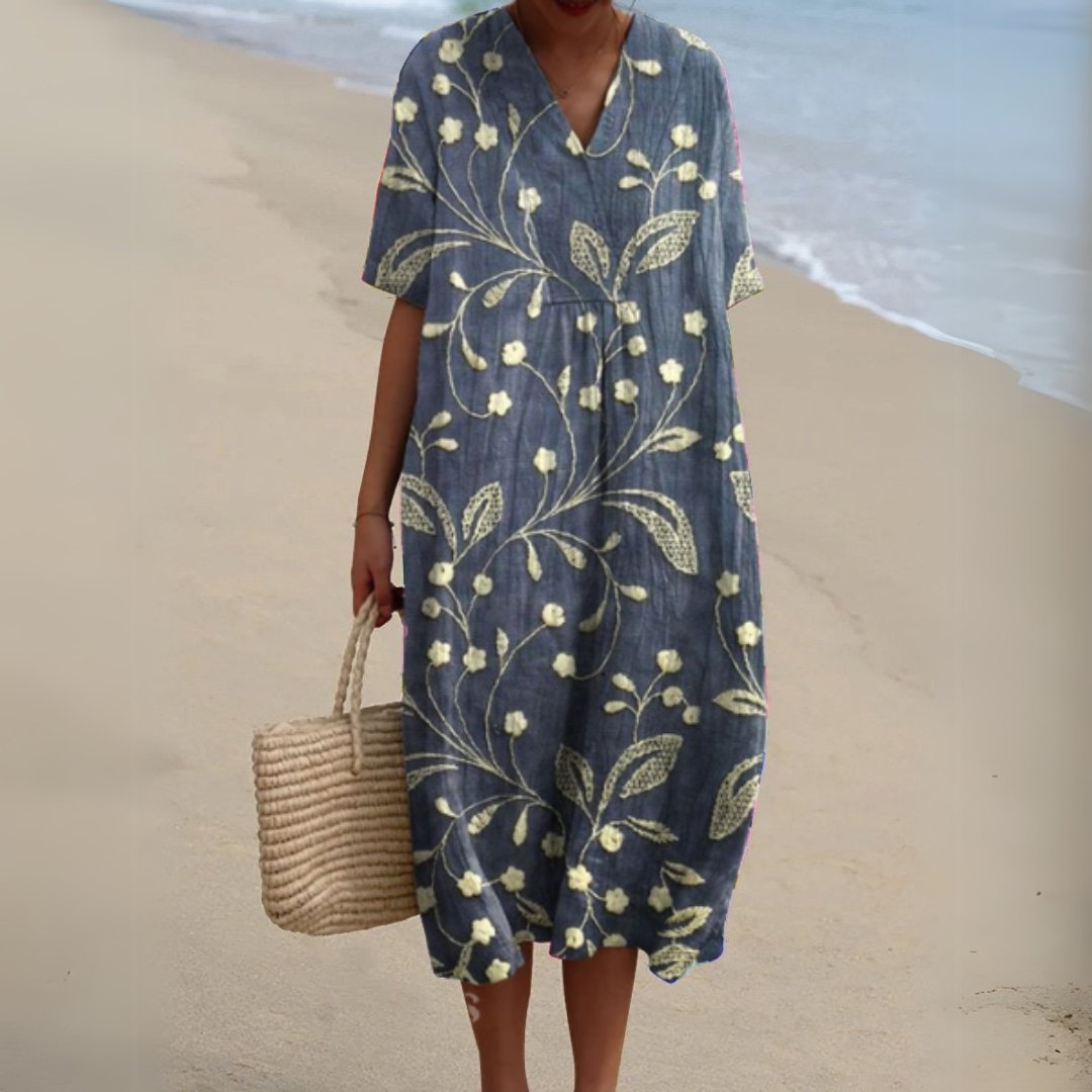 Olivia | Dames Gebloemde Korte Mouw V-hals Midi Jurk