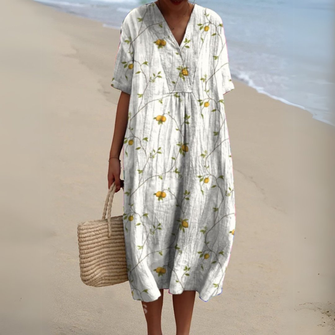 Olivia | Dames Gebloemde Korte Mouw V-hals Midi Jurk