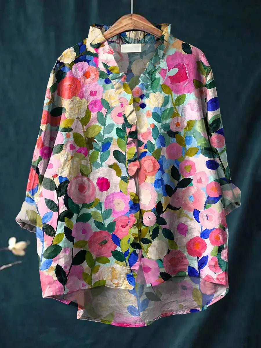 Sara | Dames Gebloemde Linnen Ruffle Blouse