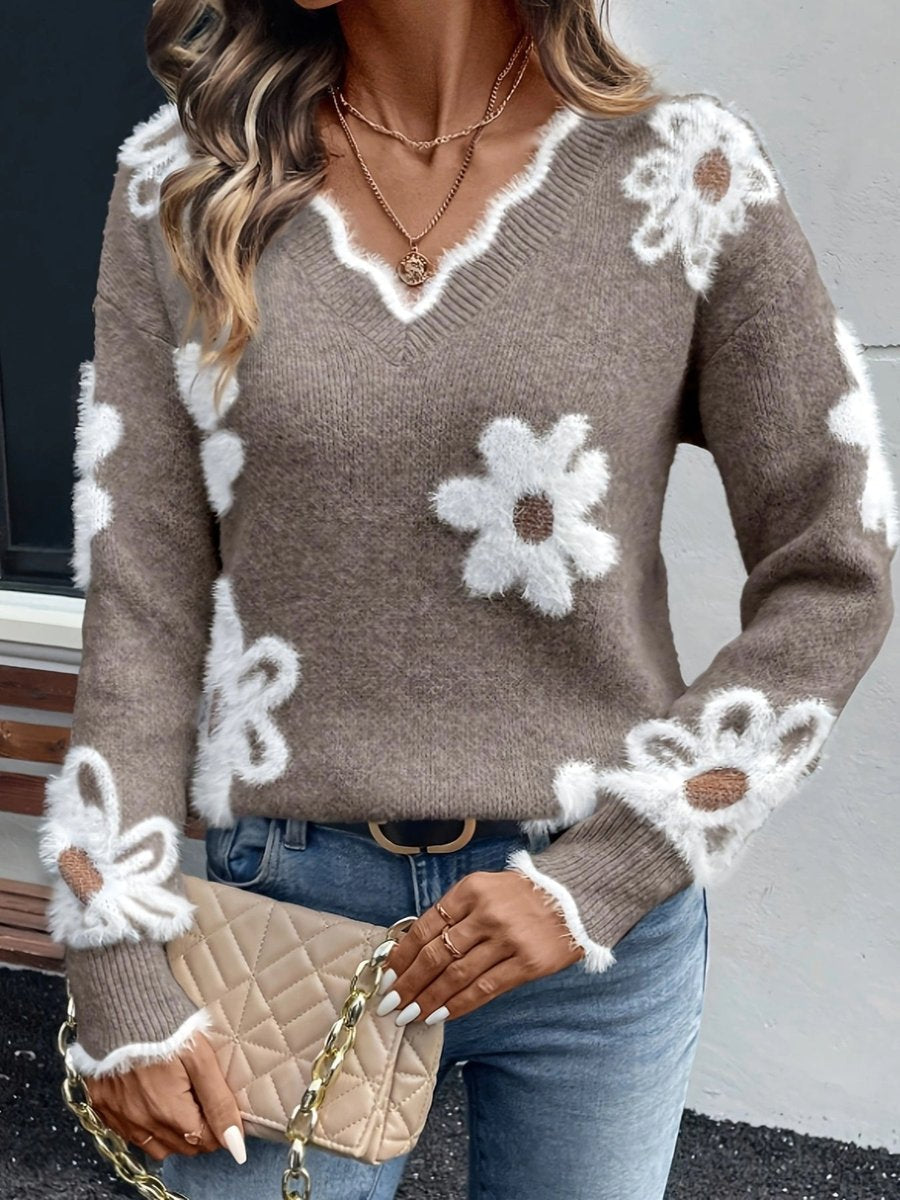 Julia | Dames Gebloemde V-hals Knit Sweater Zachte Fluffy Trui